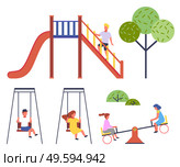 Children at playground. Set of vector illustrations. Boy up stairs at slide, green tree. Boy in cap and girl in yellow dress rest at swing. Two girls friends swinging at up-and-down carousel. Children at playground, collection, boy at slide, boy and girl at swing, girls at up-and-down. Стоковая иллюстрация, агентство Ingram Publishing / Фотобанк Лори
