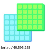 Square washcloths or rags for home cleaning. Green and blue washing flaps. Foam rubber or water-retaining fabric. Wipe the dust, tidy the house, house cleaning, mopping. Flat vector illustration. Square colorful foam rubber flaps for dusting, cleaning the house, cleaning agent. Flat vector image. Стоковая иллюстрация, агентство Ingram Publishing / Фотобанк Лори