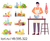 Man cooking salad in the kitchen. Set of products, dietary food compositions. Household activity, everyday duties and chores. Man in a kitchen apron stands near the table and prevents salad in a bowl. Young man cooking salad in the kitchen. Household activity, housekeeping, everyday duties and chores. Стоковая иллюстрация, агентство Ingram Publishing / Фотобанк Лори