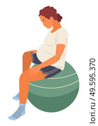 Pregnant woman in white T-shirt and shorts sits on green big fitness ball, relaxes, meditates. Maternity, childbirth, labor. Exercises for pregnant women. Woman with big belly isolated on white. Pregnant woman sits on fitness ball with head bowed. Relaxation exercises for pregnant women. Стоковая иллюстрация, агентство Ingram Publishing / Фотобанк Лори