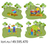 Set of humans images engaged in gardening. Girl collects beet crops in box, man digs potatoes, funny people carry boxes of ripe vegetables, people pick apples from the apple tree. Harvest festival. Gardeners collection. People harvest vegetables and fruits, autumn time. Harvesting. Flat image. Стоковая иллюстрация, агентство Ingram Publishing / Фотобанк Лори