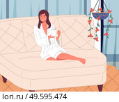 Young beautiful smiling woman sitting with bent legs on a large white comfortable sofa with cup of tea or drink, white bathrobe. Girl in the spa. Beauty treatments and relaxation. Cozy interior. Beautiful young girl in terry white bathrobe on the couch with cup of drink. Spa treatments. Стоковая иллюстрация, агентство Ingram Publishing / Фотобанк Лори