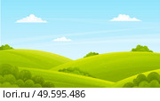 Lush light green lawn, field, hills, green deciduous bushes. Countryside, spring or summer time of year. Blue clear sky. Cartoon design for banners, sites. Flat vector image of beauty landscape. Green lush lawn, bushes, shrubs, summer landscape, countryside. Cartoon flat nature image for web. Стоковая иллюстрация, агентство Ingram Publishing / Фотобанк Лори