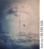 Silhouette of a fallen angel crashing down from heaven alongside a huge ladder above the clouds. Surreal scene with a winged creature falling from the sky or paradise. Mystery concept, fantastic view . Стоковое фото, агентство Ingram Publishing / Фотобанк Лори