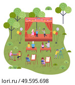 Musical concert in the garden. Children s theatrical performance on the stage in the open summer playground, kid spectacle. Entertainment for children on vacation at the playing field of the city park. Musical concert in the garden. Children s theatrical performance on the stage in the open playground. Стоковая иллюстрация, агентство Ingram Publishing / Фотобанк Лори