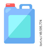 Plastic cartoon square blue canister with red lid. Container for storing liquids, chemicals. Liquid detergent for floors or utensils. Hazardous to nature detergents. Flat image isolated on white. Plastic canister for storing detergent, washing floors or dishes. House cleaning, mopping floors. Стоковая иллюстрация, агентство Ingram Publishing / Фотобанк Лори