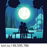 Night forest landscape, young romantic couple sitting on bench under moonlight. Date on moonlit night. Tree with hanging swing, pair of hares. Deciduous forest, bushes background. Bright round moon. Night date on bench, natural landscape, bright moon shines, forest area, lawn, trees. Flat image. Стоковая иллюстрация, агентство Ingram Publishing / Фотобанк Лори