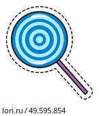 Lollipop sticker or label with dotted frame around, sweet dessert at stick, blue patch, cut out candy, childish concept, confectionery, caramel, snack for children, colorful simple cartoon icon. Lollipop sticker or label with dotted frame around, sweet dessert at stick, blue patch, cut out candy. Стоковая иллюстрация, агентство Ingram Publishing / Фотобанк Лори