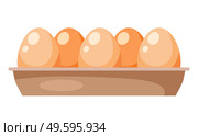 Chicken eggs in carton box isolated on white background. Cardboard tray with brown eggs flat vector illustration front view. Organic natural ingredient of animal origin in beige shell, diet food. Chicken eggs in carton box isolated on white background. Cardboard tray with brown eggs. Стоковая иллюстрация, агентство Ingram Publishing / Фотобанк Лори