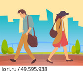 People walking in a city park. Sad tired young guy and thoughtful girl going in summer alley. Man and woman quarreled and offended. Walk after work in the open air, active lifestyle flat style. People walking in a city park. Sad tired young guy and thoughtful girl going in summer garden. Стоковая иллюстрация, агентство Ingram Publishing / Фотобанк Лори