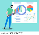 Project management and financial report strategy. Business analysis planning. Man office worker with magnifier analyzes demand on presentation with graphs and charts, choosing way to attract customers. Project management and financial report strategy. Choosing way to attract customers. Consulting team. Стоковая иллюстрация, агентство Ingram Publishing / Фотобанк Лори
