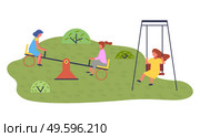 Happy cartoon kids playing in playground on the backyard. Childrens summer playground with slide swings in modern kindergarten. Kids summer outdoor activities. Girls play together at the playing field. Childrens summer playground with slide swings in modern kindergarten. Kids summer outdoor activities. Стоковая иллюстрация, агентство Ingram Publishing / Фотобанк Лори