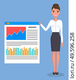 Smiling young woman gives a report, businesswoman standing near demo poster with performance charts and description diagram. Business presentation and project management concept vector illustration. Smiling young businesswoman gives a report. Business presentation concept vector illustration. Стоковая иллюстрация, агентство Ingram Publishing / Фотобанк Лори