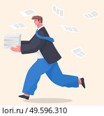Office worker holding stack of documents running. Unorganized man in panic of paperwork. Worker failure deadline, stressing, busy. Employee hurry and panic. Vector cartoon character with flying papers. Office worker holding stack of documents running, unorganized man in panic of paperwork, stressing. Стоковая иллюстрация, агентство Ingram Publishing / Фотобанк Лори