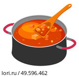 Isolated at white background big steel pan with borsch or red beet soup, wooden spoon or scoop. Delicious dish with vegetables. Traditional ukrainian cuisine. Healthy food, homemade. Web icon. Big steel pan with borsch or red beet soup, wooden spoon or scoop, delicious dish with vegetables. Стоковая иллюстрация, агентство Ingram Publishing / Фотобанк Лори