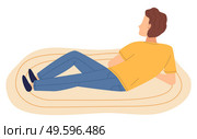 Isolated cartoon character man lying at floor on carpet, back view of guy, man relaxing resting on floor. Brown-haired guy wearing yellow t-shirt and jeans looking forward. Vector illustration. Isolated cartoon character man lying at floor on carpet. back view of guy, man relaxing resting. Стоковая иллюстрация, агентство Ingram Publishing / Фотобанк Лори