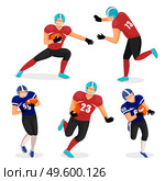 Collection of gridiron players. Set of isolated characters playing american football in teams. Male personage running with ball, making maneuvers and tossing it. Activities or hobbies vector. Gridiron Players American Football Game Collection. Стоковая иллюстрация, агентство Ingram Publishing / Фотобанк Лори