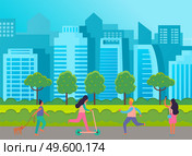 Walk in the urban park. People walk in the city green park. Girl on scooter, female with dog, woman taks picture on smartphone, boy running. Trees, benches, bushes. City landscape. Flat vector image. Urban park, people walking in the park. Houses and buildings on the background. Walking with pets. Стоковая иллюстрация, агентство Ingram Publishing / Фотобанк Лори