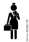Black flat vector silhouette of businesswoman with briefcase and smartphone. Head woman. Vector schematic simplified figure. Business infographics. Female in strict black suit. Rounded edges shape. Black silhouette businesswoman with smartphone and briefcase. Business Infographic. Female figure. Стоковая иллюстрация, агентство Ingram Publishing / Фотобанк Лори