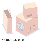 Isometric image of cardboard postal parcels, boxes, paper shopping package. Globe icon, postage stamps. International parcels, transportation. Customer journey concept. Flat vector image on white. Paper shopping package, cardboard parcels, postage stamps. International shipping. Flat vector image. Стоковая иллюстрация, агентство Ingram Publishing / Фотобанк Лори