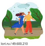Married couple walks in windy weather in park. Woman holding hat, man pointing with finger. Green spaces, country road, strong wind rips leaves. Summer vacation. Windy weather. Cartoon Characters. Family on vacation in the park or forest, people overcome gusts of wind. Summer Windy Weather. Стоковая иллюстрация, агентство Ingram Publishing / Фотобанк Лори