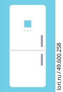 White large modern refrigerator with digital display and freezer. Tech minimal design. Kitchen freezing equipment. Food and drink storage. Frozen vegetables. Flat fridge vector image isolated on blue. White modern fridge with freezer isolated on blue. Vector cartoon image of big white fridge. Стоковая иллюстрация, агентство Ingram Publishing / Фотобанк Лори