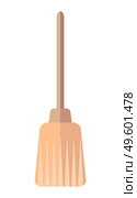 Broom, short brush of bound straw with brown plastic or wooden handle. Simple flat image home cleaning items isolated on white. Fleecy brush for home sweeping. Cleaning agent, mopping, sweeping. Cleaning brush for home, broom with plastic handle. To tidy the house, house cleaning, mopping. Стоковая иллюстрация, агентство Ingram Publishing / Фотобанк Лори