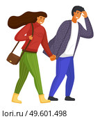 Young couple walking, overcoming strong gusts of wind. Long-haired woman in red sweater and green pants, bag over shoulder. Man in jeans, patterned shirt walks, covering eyes with hands. Wind blowing. Woman in sweater, man in shirt, people go holding hands, overcome strong gusts of wind. Flat image. Стоковая иллюстрация, агентство Ingram Publishing / Фотобанк Лори