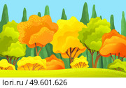 Autumn forest beautiful landscape with orange, yellow, green trees, bushes, grass, forest or wood, view at autumn scenery, beauty of day nature, background concept, nobody, colorful flat illustration. Autumn forest beautiful landscape with orange, yellow, green trees, bushes, grass, autumn forest or wood, view. Стоковая иллюстрация, агентство Ingram Publishing / Фотобанк Лори
