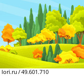 Autumn forest beautiful landscape with orange, yellow, green trees, bushes, grass, forest or wood, view at autumn scenery, beauty of day nature, background concept, nobody, colorful flat illustration. Autumn forest beautiful landscape with orange, yellow, green trees, bushes, grass, autumn forest or wood, view. Стоковая иллюстрация, агентство Ingram Publishing / Фотобанк Лори