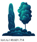 Deciduous tall trees, navy blue crown, flat cartoon style isolated on white. Forest tree, lush foliage. Oak, beech, hornbeam, diverse vegetation. Botanical illustration for games, banners, sites. Tall deciduous trees isolated on white. Forest vegetation, dark blue foliage, lush tree crown. Стоковая иллюстрация, агентство Ingram Publishing / Фотобанк Лори