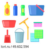Cleaning or washing tools for home, office, interior, bottles with detergent, cleanser, plastic bucket and bowl, sponge, plastic containers, scoop, window cleaner, textile for washing dishes. Cleaning or washing tools equipment for home, office, interior, collection of colorful flat icons. Стоковая иллюстрация, агентство Ingram Publishing / Фотобанк Лори