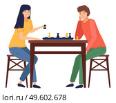 Mother and daughter playing board game together vector isolated on white illustration. Female characters friends playing chess sitting on chairs at table. Indoor entertainment for adults and children. Mother and daughter playing a board game together sitting at a table vector isolated illustration. Стоковая иллюстрация, агентство Ingram Publishing / Фотобанк Лори