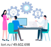 Woman writing business report, taking into consideration tips as new idea, time management and efficiency. Colleague gives her advices how to plan financial issues. How Write Business Plan, People Working on Laptops. Стоковая иллюстрация, агентство Ingram Publishing / Фотобанк Лори