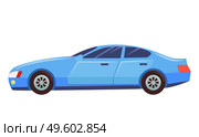 Blue car isolated on white background. Sedan with dark toned glasses. Auto to drive and get your destination quickly. Wheeled motor vehicle used for transportation. Vector illustration in flat style. Car Isolated on White Background, Sedan Vehicle. Стоковая иллюстрация, агентство Ingram Publishing / Фотобанк Лори