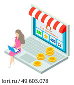 Online shop, isometric 3d laptop. Customer woman sit at keyboard choosing products at website. Stack of golden bitcons and dollars, digital currency. B2b marketplace. Spend money at goods in e-store. Online shop, isometric 3d laptop, customer woman choosing products at website, paying bitcons. Стоковая иллюстрация, агентство Ingram Publishing / Фотобанк Лори