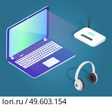 Collection of modern gadgets and equipments. Laptop with glowing screen and modem, big headphones. PC for work or education. Innovative technologies with wide monitor, vector in isometric style. Laptop and Modem, Headphones Gadgets Set Isometric. Стоковая иллюстрация, агентство Ingram Publishing / Фотобанк Лори