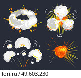Explosion fire set with white clouds of toxic smoke. Collection of launched splash and motion destruction cartoon symbol for game. Creative idea with burst smoke and flame icon element vector. Bomb Toxic Smoke and Fire with Clouds Set Vector. Стоковая иллюстрация, агентство Ingram Publishing / Фотобанк Лори