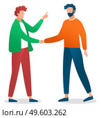Handshaking of men friends, meeting, two young guys greeting each other, isolated cartoon characters, people in casual clothes shake hands, successful deal, partners or colleagues, businessmen. Handshaking of men friends, meeting, two young guys greeting each other, cartoon characters. Стоковая иллюстрация, агентство Ingram Publishing / Фотобанк Лори