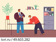 Modern office, cabinet, signing agreement. Bearded man in glasses, formal suit stands with clipboard and pen. Young man in sweater leaned over table and signs document. Desktop, business meeting. Business partners sign contract. Man with clipboard, young male with pen leaned over table. Стоковая иллюстрация, агентство Ingram Publishing / Фотобанк Лори