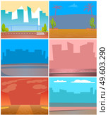 Small towns and big cities vector, silhouettes skylines and cityscapes with haze and smog. Desert with cactus and palms, buildings and skyscrapers. View from bridge or road. Flat cartoon. Cityscapes and Urban Territories, City and Town. Стоковая иллюстрация, агентство Ingram Publishing / Фотобанк Лори