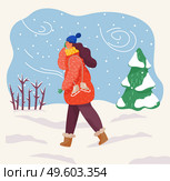 Female character wearing warm clothes hat and scarf returning home from skating rink. Blizzard snowfall and harsh wind blowing in forest. Pine tree covered with snow, wintry landscape vector. Woman Walking Through Snow and Blizzard of Park. Стоковая иллюстрация, агентство Ingram Publishing / Фотобанк Лори