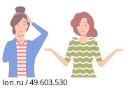 Character with sad and confused face expressions vector, isolated set of woman wearing sweater and jacket. Puzzled lady stylish personage flat style. Woman with Confused Faces, Sad Female Character. Стоковая иллюстрация, агентство Ingram Publishing / Фотобанк Лори