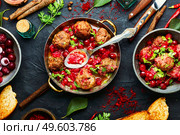 Arabic food lamb kufta spiced with saffron.Appetizing lamb meatballs. Kufta in cherry sauce. Стоковое фото, агентство Ingram Publishing / Фотобанк Лори