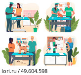 Set of illustrations on veterinary theme. Veterinarian s office with surgical or examination table. Treat pets. Consultation with vets. Medical manipulations. Veterinarian and veterinary Nurse. Set of vet doctors and nurses. Treat animals. Veterinarians and pets. Care the domestic animals. Стоковая иллюстрация, агентство Ingram Publishing / Фотобанк Лори