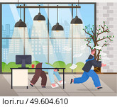 Modern office workplace, monoblock, employee collects falling documents, excited worker runs with stack of papers. Rush, chaos in office. Stressful situation at work. Panoramic window cityscape. Stressful office staff can not cope with the work. Scattered documents, chaos in office, deadline. Стоковая иллюстрация, агентство Ingram Publishing / Фотобанк Лори