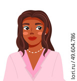 Portrait of young black woman with long hair wearing pink jacket.. Cute smiling girl isolated on white background flat style. Pretty positive female character, student or businesswoman, beauty blogger. Portrait of young black woman with long hair wearing pink jacket. Smiling girl isolated on white. Стоковая иллюстрация, агентство Ingram Publishing / Фотобанк Лори