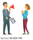Businessman with clipboard and loudspeaker in his hand talking with a surprised woman. Director s emotional conversation with subordinate. Business meeting and consideration of working issues. Office workers characters discussing matters. Business meeting and consideration of working issues. Стоковая иллюстрация, агентство Ingram Publishing / Фотобанк Лори