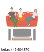 Man and woman watching movie at home vector, couple and friend eating popcorn snack from bowl, male drinking tea from cup, people at weekends flat style. Friends at Weekend Evening Watching Movies at Home. Стоковая иллюстрация, агентство Ingram Publishing / Фотобанк Лори