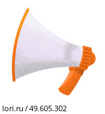 Megaphone flat vector illustration, loudspeaker sound amplification device on white background. Mouthpiece symbol or icon with orange handle . News, notice, notify, advertising, promotion concept. Megaphone flat vector illustration, loudspeaker sound amplification device on white background. Стоковая иллюстрация, агентство Ingram Publishing / Фотобанк Лори